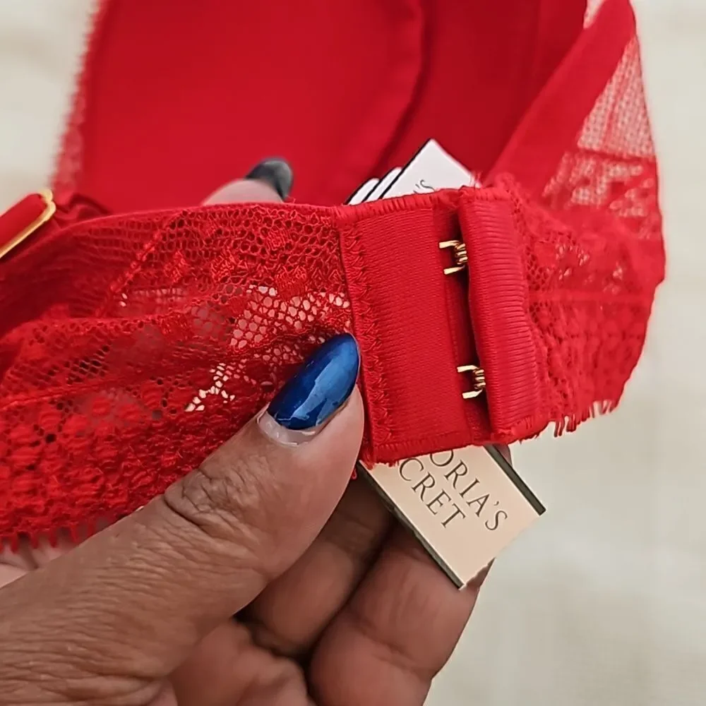 Victoria's Secret Women's Lace Underwire Lightly Padded Plunge Bra Red 32DD - Picture 9 of 16